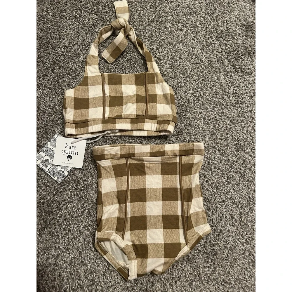 NEW Kate Quinn 12-18 Months Girls Two Piece Retro Halter Sunsuit Green Beige